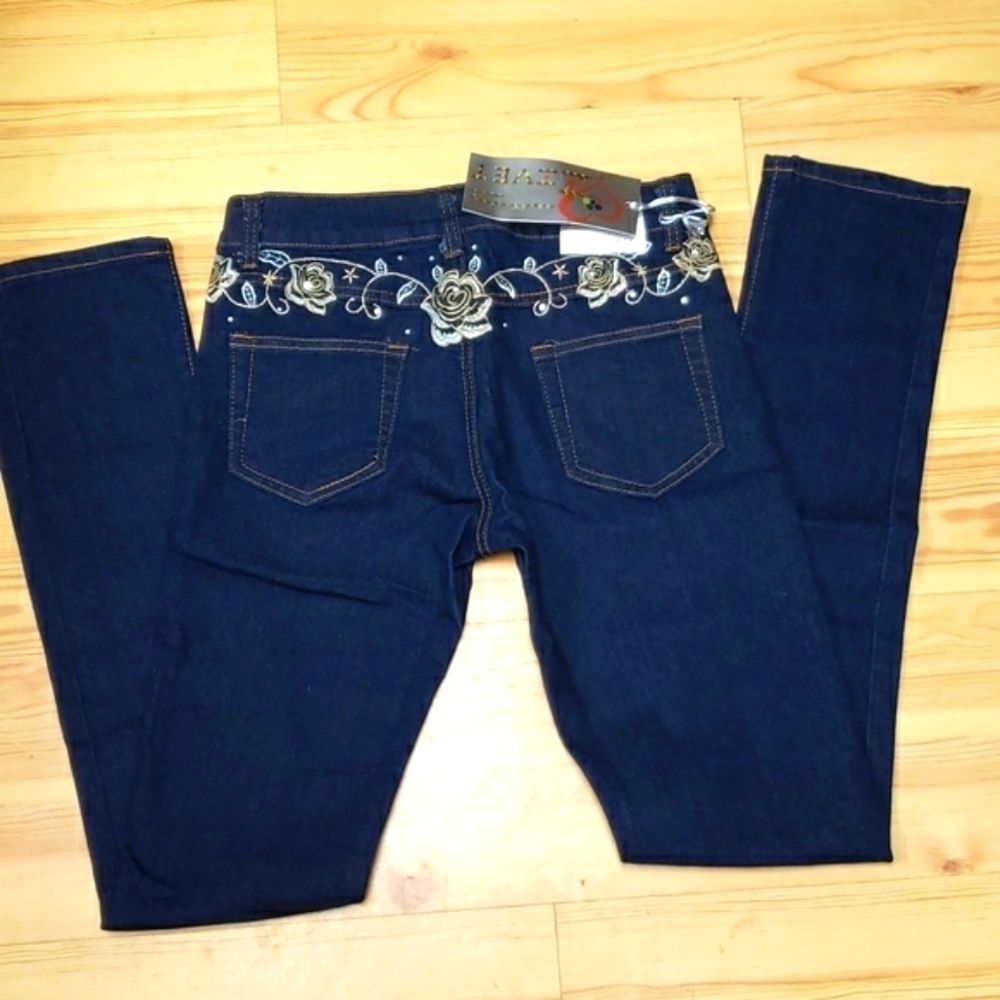 NWT Denim Floral Waist Indigo Wash Straight Leg Jeans
